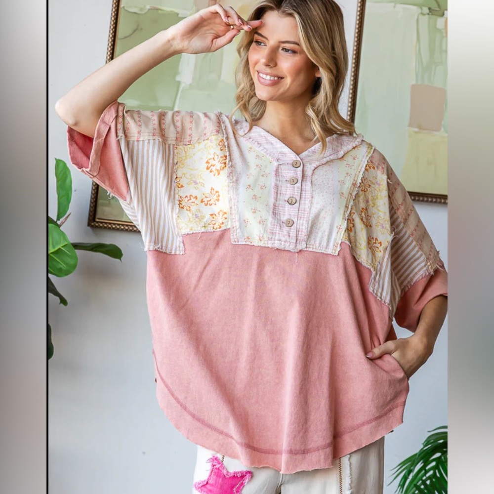 34 Oli & Hali Patchwork Pink and Cream Relaxed Button-Up Top